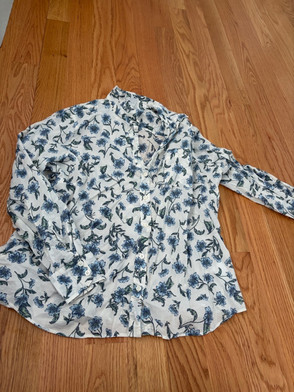 Women’s White Floral Button-Up Shirt - Blue Flower Print
